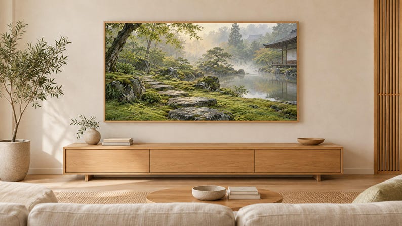 Moss Garden Japandi Frame TV-konst, japansk väggkonst, 4K digital nedladdning, 3 format bild 1