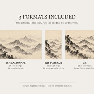 Cuadro decorativo de paisaje de montaña brumosa con tinta, arte mural zen japonés, descarga digital 4K, 3 formatos. imagen 2