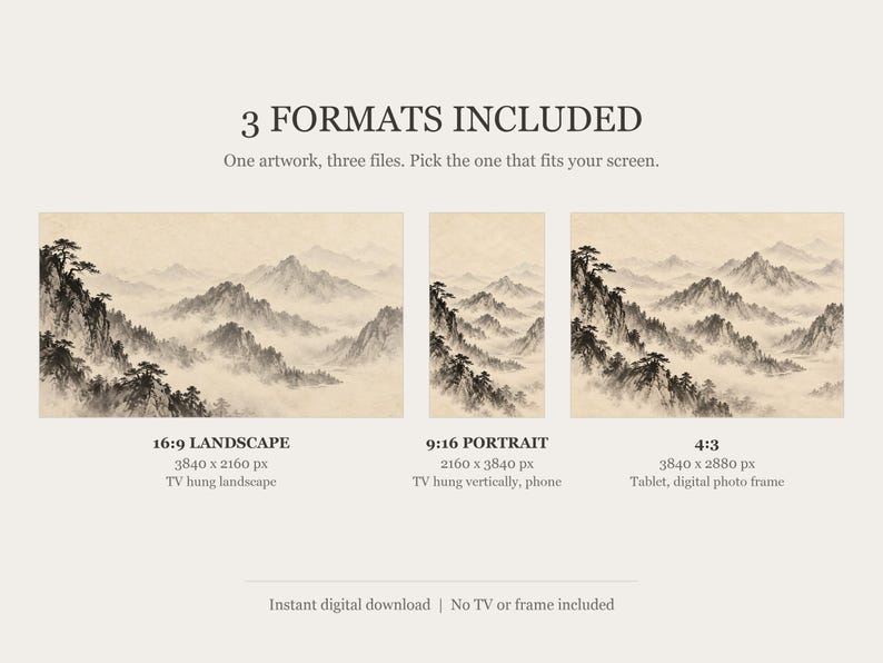 Cuadro decorativo de paisaje de montaña brumosa con tinta, arte mural zen japonés, descarga digital 4K, 3 formatos. imagen 2