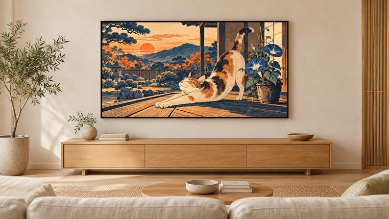 Ukiyo-e Style Cat Frame TV Art, Japanese Wall Art, 4K Digital Download, 3 Formats image 1