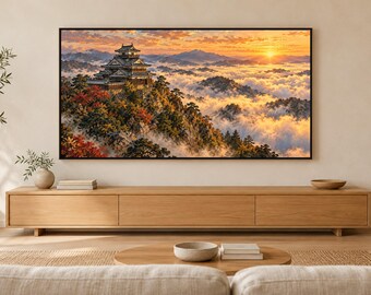 Quadro para TV com Castelo Japonês Acima de um Mar de Nuvens, Arte de Parede Japonesa, Download Digital 4K, 3 Formatos