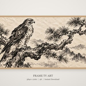 Hawk on a Pine Branch Frame TV Art, Japanese Wall Art, 4K Digital Download, 3 Formats image 4