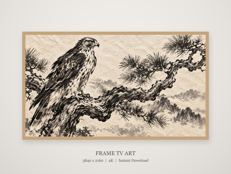 Hawk on a Pine Branch Frame TV Art, Japanese Wall Art, 4K Digital Download, 3 Formats image 4