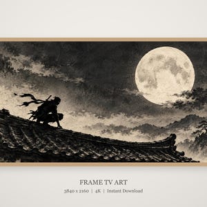 Ninja on Moonlit Rooftop Ink Frame TV Art, Japanese Wall Art, 4K Digital Download, 3 Formats image 4