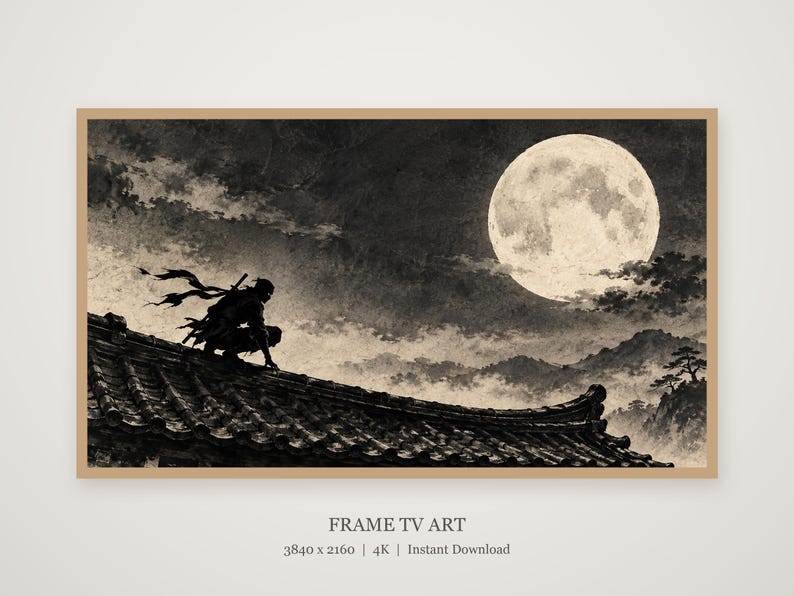 Ninja on Moonlit Rooftop Ink Frame TV Art, Japanese Wall Art, 4K Digital Download, 3 Formats image 4