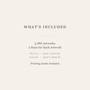 Puede incluir: Un gr&aacute;fico de informaci&oacute;n digital sobre un fondo crema con el texto WHAT'S INCLUDED, 3 JPG Artworks, 2 Sizes for Each Artwork, 8x10 in - 2400 x 3000 px, 11x14 in - 3300 x 4200 px y Printing Guide Included en texto marr&oacute;n oscuro.