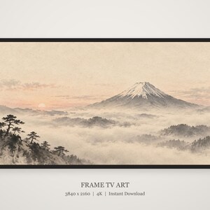 Rambild på TV-konst med berget Fuji i morgondimman, japansk zen-väggkonst, digital nedladdning i 4K, 3 format bild 4