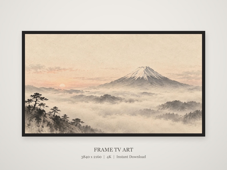 Rambild på TV-konst med berget Fuji i morgondimman, japansk zen-väggkonst, digital nedladdning i 4K, 3 format bild 4