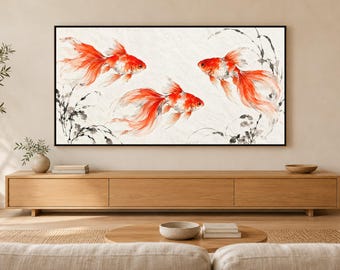 Arte de parede japonesa com peixinho dourado em moldura de tinta e vermelho, download digital 4K, 3 formatos.