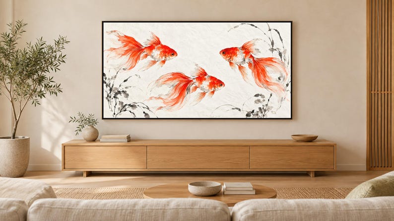 Goldfish in Ink and Vermilion Frame TV Art, Japanese Wall Art, 4K Digital Download, 3 Formats image 1