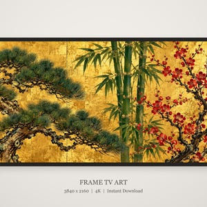 Pine, Bamboo and Plum on Gold Frame TV Art, Japanese Wall Decor, 4K Digital Download (3 Formats) image 5