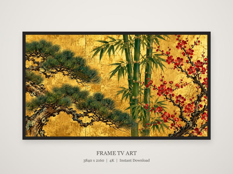 Pine, Bamboo and Plum on Gold Frame TV Art, Japanese Wall Decor, 4K Digital Download (3 Formats) image 5