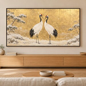 Een paar roodkroon-kraanvogels in een sneeuwlijst, tv-kunst, Japanse muurdecoratie, 4K digitale download, 3 formaten afbeelding 1