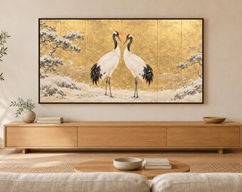 Pair of Red-crowned Cranes in Snow Frame TV Art, Japanese Wall Art, 4K Digital Download, 3 Formats