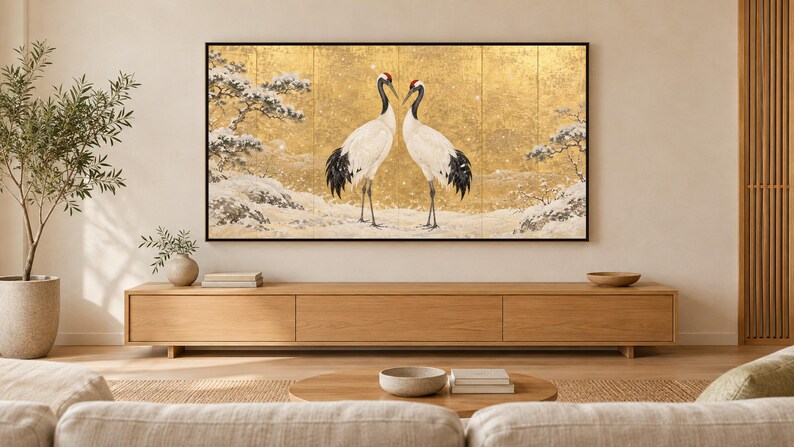 Een paar roodkroon-kraanvogels in een sneeuwlijst, tv-kunst, Japanse muurdecoratie, 4K digitale download, 3 formaten afbeelding 1