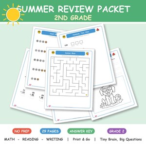 May include: A 29-page Summer Review Packet for 2nd grade pupils featuring maths, reading, and writing exercises. The packet includes worksheets with addition problems, a maze, place value tasks, and a colouring page of a dog with sunglasses.