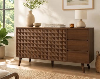 Mid Century Buffet Cabinet Dark Brown Sideboard with Drawers and Adjustable Shelves