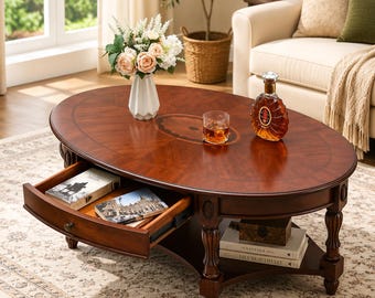 Solid Wood Oval Coffee Table with Storage Drawer Traditional Cherry Walnut