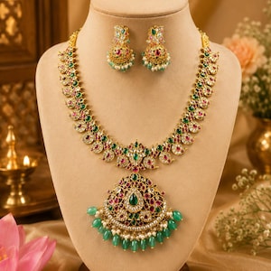 Traditional Gold-Tone Kundan Necklace Set with Emerald Green & Ruby Pink Stones
