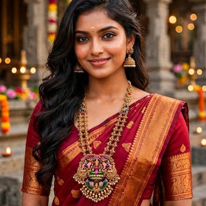May include: A deep red saree featuring a wide gold border with intricate patterns and gold motifs. The ensemble includes a long gold necklace with a large central pendant depicting a deity, accented with pink, green, and blue enamel, and gold jhumka earrings.