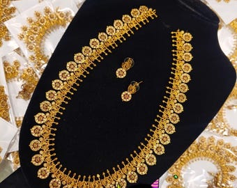 Bottu Mala Long Haram Earrings, Antique Gold Finish, Ruby Pink Green Indian Traditional Jewelry