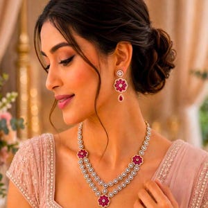 May include: A jewelry set consisting of a necklace and matching earrings. The necklace features a double-layered chain with circular floral motifs containing deep pink stones surrounded by clear white crystals. A single teardrop pink stone hangs from the center. The earrings mirror the floral design with a pink stone center and a dangling teardrop pink stone.
