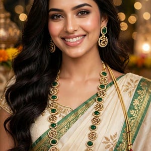 May include: A long gold necklace featuring circular filigree links set with oval green stones, paired with matching circular drop earrings. The jewelry is worn with a cream-colored garment featuring a green and gold embroidered border.