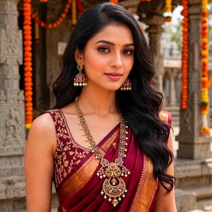 May include: A deep maroon saree featuring a wide gold border and a sleeveless blouse with intricate gold embroidery. The ensemble is paired with a long gold necklace set with green and red stones, and matching bell-shaped jhumka earrings.