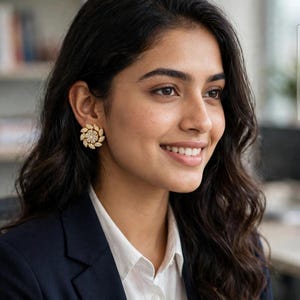 May include: A gold-toned stud earring featuring a central circular stone surrounded by a radiating pattern of marquise-cut crystals. The earring has a metallic finish and a floral-inspired arrangement of clear stones set in a circular metal base.