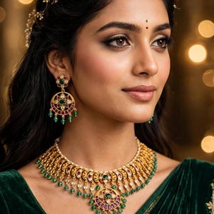May include: A gold necklace and matching circular drop earrings featuring inlaid red and green stones, accented with small dangling green beads. The jewelry set is worn with a dark green velvet garment, showcasing intricate metalwork and craftsmanship.