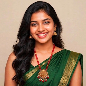 May include: A gold necklace featuring a large, circular, ornate pendant with a central deity figure, suspended from a strand of small red beads. Matching gold bell-shaped jhumka earrings with intricate detailing complement the necklace.