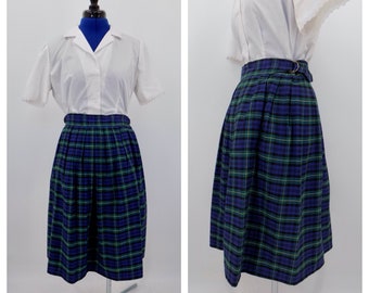 Vintage 90s does 50s David Brooks Green, Blue, and Yellow Plaid A-Line Skirt