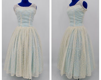 Vintage Handmade 1950s Blue Formal Cocktail Dress with Sheer Floral Overlay