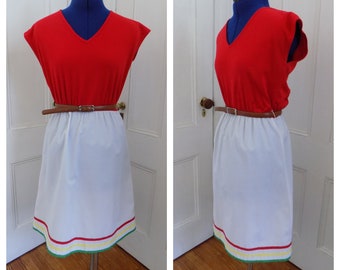Vintage 1970s Red and White A-Line Color Block Dress