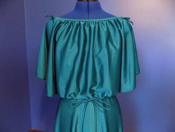 Vintage 1970s Dark Teal Green Boho Shiny Dress - image 5