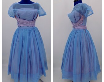 Vintage 1950s Handmade Blue & Lilac Formal Cocktail Dress