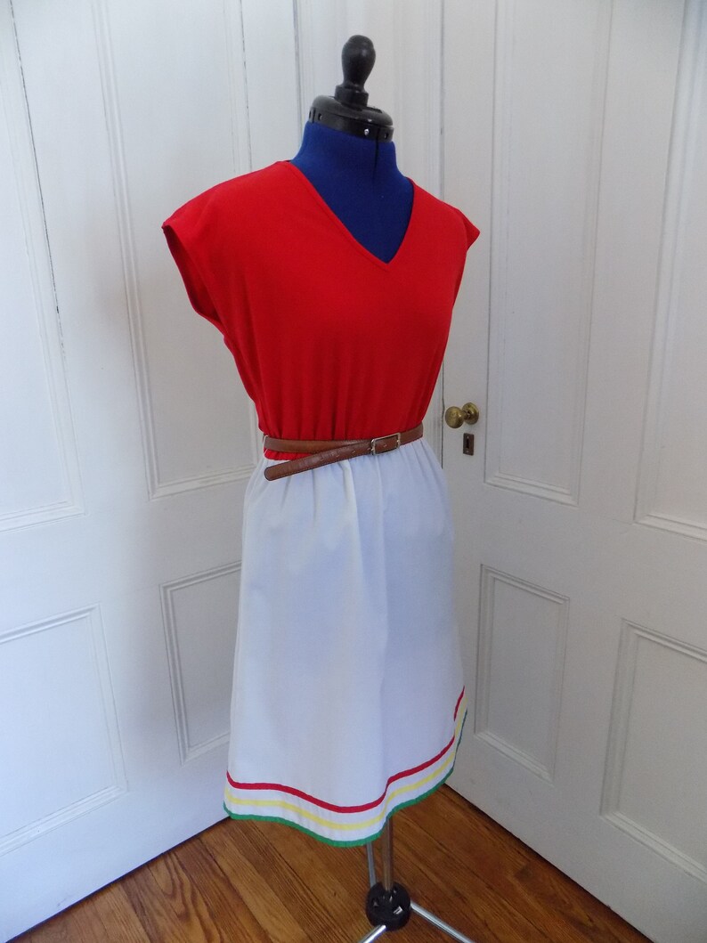 Red and White A-Line Color Block Dress