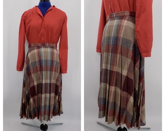 Vintage 1970s Red, Brown & Gray Plaid Wool Pleated Skirt