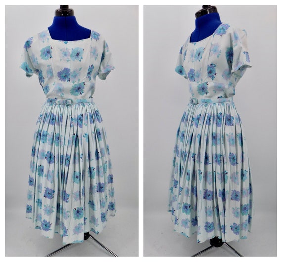 Vintage 1950s Handmade Blue Floral Dress - image 1