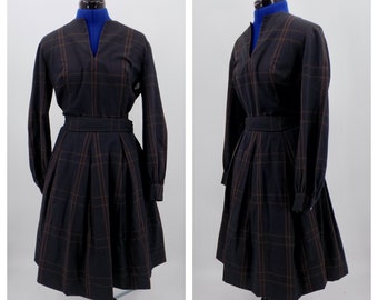 Vintage 1960s Handmade Black and Brown Plaid Dress