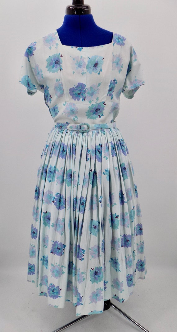 Vintage 1950s Handmade Blue Floral Dress - image 3