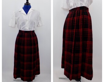 Vintage Black & Red Check/Plaid Wool A-Line Skirt