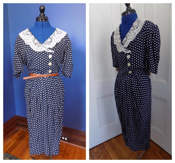 Vintage Navy & White Polka Dot 1980s Does 1930s La