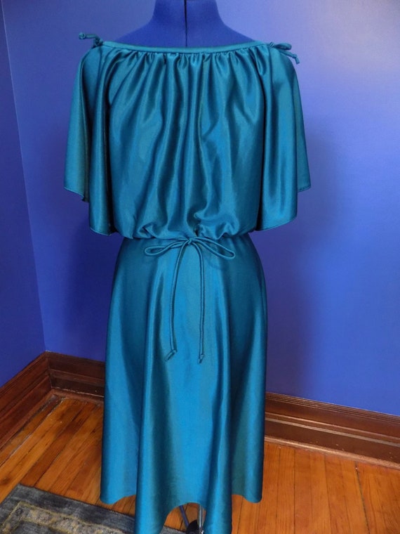 Vintage 1970s Dark Teal Green Boho Shiny Dress - image 2