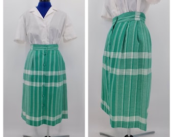 Vintage 70s Does 40s Green & White Check/Plaid A-Line Skirt