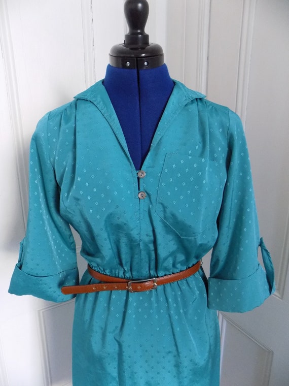 Vintage Teal Button Down Shirtwaist Dress - image 4