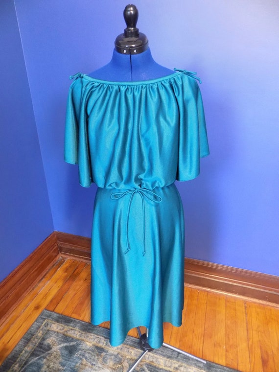 Vintage 1970s Dark Teal Green Boho Shiny Dress - image 3