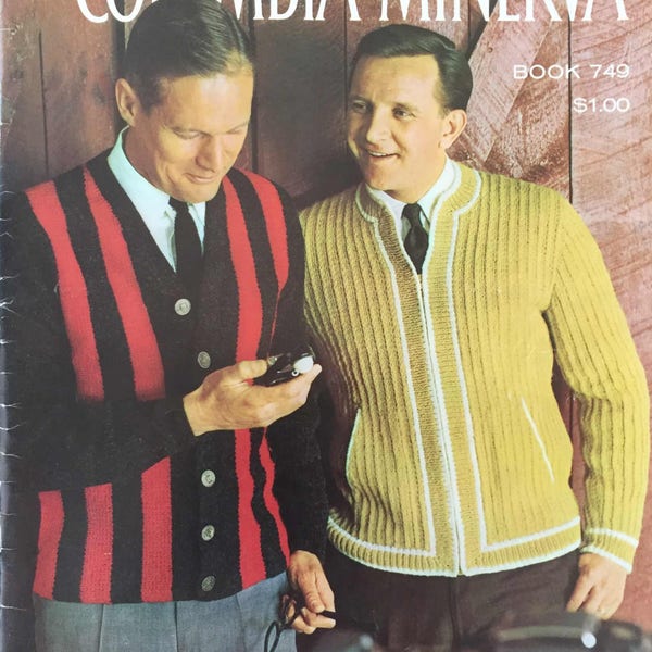 Moda vintage para hombres y niños de Columbia Minerva Libro No. 749 Patrón Crochet Knit PDF Descargar suéter, chaleco, cárdigan, polo
