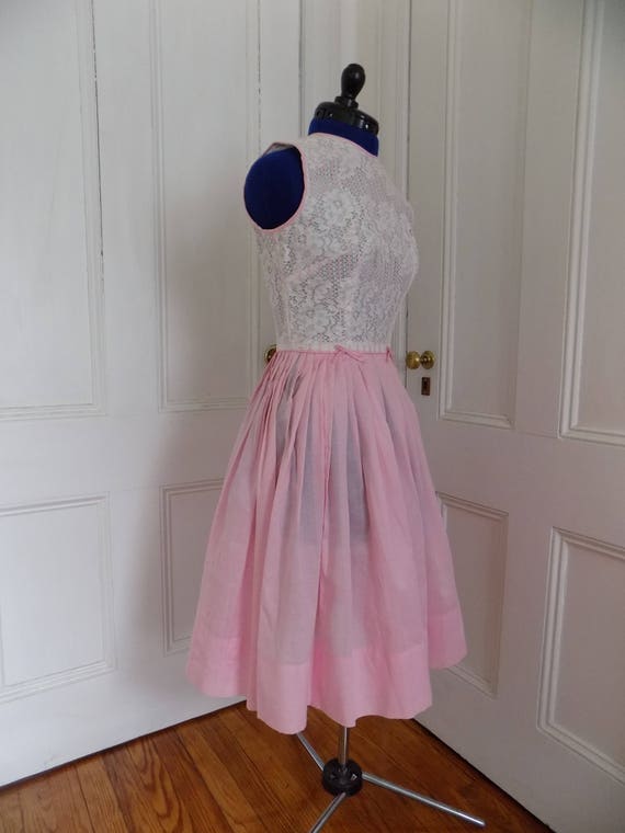 Sweet 1950s 50s Pink Dress with White Lace Bodice… - image 3