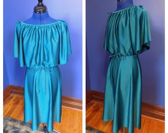 Vintage 1970s Dark Teal Green Boho Shiny Dress